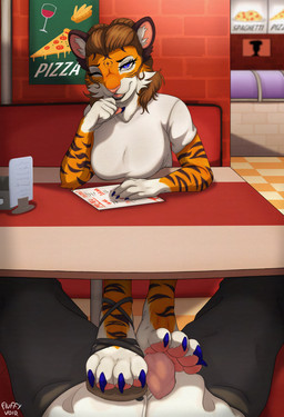 4_toes 5_fingers anthro barefoot black_lips blue_claws blue_eyes booth bottomwear breasts brick_wall brown_hair cheek_tuft claws clothed clothing countershade_feet countershade_fur countershade_hands countershading duo eyebrows eyelashes facial_markings facial_tuft feet female fingers floor food foot_fetish foot_on_penis foot_play footjob footwear foreskin fur furniture genitals hair head_markings humanoid_genitalia humanoid_hands lips long_hair male male/female markings menu menu_board one_eye_closed one_shoe_on open_mouth orange_body orange_fur pants partially_clothed pawpads paws penile penis pink_nose pink_pawpads pink_penis pizza plantigrade poster public public_sex restaurant sandals sex shirt shoes silhouette smile striped_body striped_fur stripes t-shirt table tight_foreskin tile tile_floor toe_claws toes topwear tuft under_table_footjob unretracted_foreskin wall_(structure) wavy_hair white_body white_fur wink fluffy_void karo_(karo-stella) stella_evans felid lion mammal pantherine tiger hi_res story_at_source