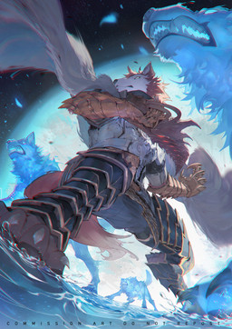 5_fingers anthro armor barefoot blue_body blue_fur cape claws clothed clothing dagger digitigrade feet feral fingers fully_clothed fur fur_cape fur_clothing gauntlets gloves group handwear holding_dagger holding_melee_weapon holding_object holding_weapon looking_aside low-angle_view male melee_weapon mouth_closed open_mouth red_body red_fur simple_eyes solo_focus tail text toe_claws water weapon white_body white_fur worm's-eye_view chiayeeee canid canine canis mammal wolf 2023 absurd_res chromatic_aberration english_text full-length_portrait hi_res portrait signature