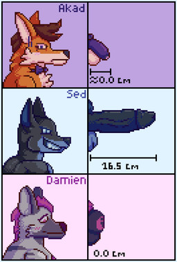 anthro balls big_penis black_body black_fur blue_body blue_border blue_eyes blue_fur blush border bow_tie brown_hair chart chastity_cage chastity_device degradation embarrassed erection evil_grin eyeshadow femboy fur genitals grey_body grey_fur group hair humiliation lock_symbol looking_down makeup male measuring measuring_penis muscular null_bulge orange_body orange_fur penis penis_chart pink_eyes pink_eyeshadow pink_hair purple_bow_tie purple_chastity_cage purple_eyes side_view skinny smile smirk trio white_body white_fur akadthefox akad_(akadthefox) sed_(akadthefox) canid canine canis dobermann domestic_dog fox hyena mammal pinscher striped_hyena digital_media_(artwork) hi_res pixel_(artwork) nonbinary_(lore)