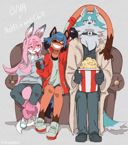 5_fingers ambiguous_gender anthro blue_body blue_eyes blue_fur blue_hair brown_body brown_fur clothed clothing coat collar female feral fingers fluffy fluffy_tail food footwear fur furniture gloves group hair handwear holding_object jacket long_hair male one_eye_closed pink_body pink_fur pink_hair popcorn shoes sitting smile sofa tail topwear white_body white_fur wink conditional_dnp irootie brand_new_animal studio_trigger michiru_kagemori nazuna_hiwatashi shirou_ogami avian canid canine canis fox mammal raccoon_dog tanuki wolf 2020 absurd_res hi_res
