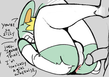 anthro anus armwear big_butt big_penis butt clothing dialogue duo elbow_gloves erection eyes_closed femboy genitals gloves grey_background handwear humanoid_genitalia humanoid_penis legwear lying male male/male on_back penis simple_background smile solo_focus speech_bubble text thigh_highs vroorv animal_crossing nintendo sasha_(animal_crossing) lagomorph leporid mammal rabbit english_text