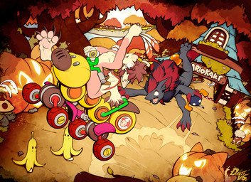 anthro back_wings black_body black_fur brown_hair duo fur go-cart hair half-closed_eyes male membrane_(anatomy) membranous_wings narrowed_eyes pawpads paws pink_body pink_fur pink_pawpads red_hair tan_body tan_fur wide_eyed wings dustythebat mario_bros mario_kart nintendo pokemon dusty_mcwari bat bob-omb generation_5_pokemon mammal pokemon_(species) zoroark hi_res