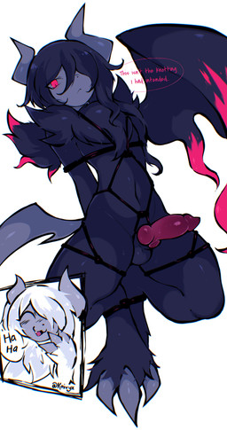 animal_genitalia animal_penis anthro balls bdsm belly black_body black_fur bondage bound canine_genitalia canine_penis chest_tuft claws cuff_(restraint) fur genitals glaring_at_viewer horn knot male penis red_eyes restrained restraints rope rope_bondage solo speech_bubble thick_thighs tuft wings koivyx nintendo pokemon absol canid generation_3_pokemon generation_6_pokemon horned_humanoid humanoid mammal mega_absol mega_absol_z mega_evolution pokemon_(species) absurd_res hi_res