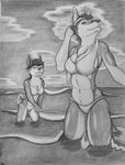 2020 anthro big_breasts bikini breast_squish breasts canid canine canis caroline_bellanoir clothing cloud curled_tail domestic_dog duo female fur graphite_(artwork) hair hands_together hi_res husky long_hair mammal militia_d. monochrome nordic_sled_dog outside pencil_(artwork) phrostbite ponytail sea short_hair signature sky spitz sport squish swimwear tail thick_thighs traditional_media_(artwork) two_piece_swimsuit volleyball water wave wet wet_body wet_fur wide_hips