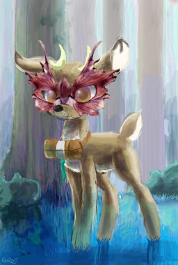 amber_eyes antlers brown_body brown_fur collar detailed_background feral fluffy forest fur horn leaf male mask outside plant quadruped scut_tail short_tail solo tail tree wearing_mask young young_feral young_male mythrava hasbro idw_publishing my_little_pony my_little_pony_(idw) bramble_(mlp) deer mammal 2015 absurd_res digital_media_(artwork) digital_painting_(artwork) hi_res painting_(artwork) signature
