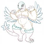 1:1 anthro anthrofied archeops avian breasts claws feathered_wings feathers female fossil_pokemon generation_5_pokemon genitals hi_res looking_at_viewer monochrome nintendo nipples non-mammal_breasts nude overweight overweight_anthro overweight_female pokemon pokemon_(species) pokemorph posexe pussy simple_background smile solo source_request white_background wings