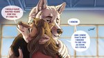 aircraft airplane airport anthro clothing dialogue duo eyes_closed female hug inside male male/female smile speech_bubble text vehicle marjani echo_(echoic) whitefang_greytail canid canine canis mammal wolf 2021 english_text hi_res