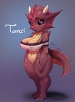 2017 3_toes 5_fingers anthro barefoot big_breasts bikupan biped black_sclera bottomless breasts clothed clothing feet female fingers horn kobold looking_at_viewer non-mammal_breasts purple_eyes red_body red_skin scalie short_stack simple_background solo standing tanzi thick_thighs toes watermark wide_hips