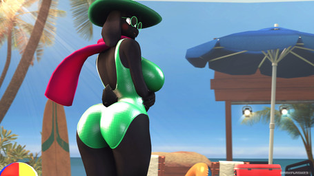 anthro backless_clothing backless_swimsuit ball beach beach_ball big_breasts big_butt black_body black_fur blush breasts butt clothing crossgender curvy_figure detailed_background eyewear female fingers fur glasses glistening glistening_clothing glistening_swimwear green_clothing green_swimwear grey_sclera hat headgear headwear hourglass_figure inflatable looking_back mtf_crossgender one-piece_swimsuit open-back_swimsuit outside scarf sea seaside solo standing swimwear text thick_thighs water white_eyes wide_hips darkflash23 deltarune undertale_(series) ralsei bovid caprine darkner goat mammal 16:9 2021 3d_(artwork) artist_name digital_media_(artwork) hi_res source_filmmaker_(artwork) widescreen
