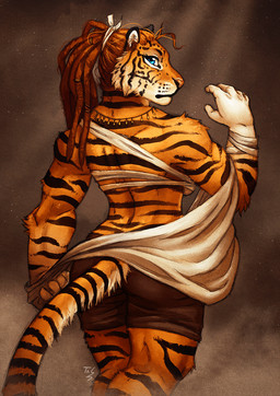 anthro back_focus back_muscles blue_eyes bottomwear cheek_tuft chest_wraps clothed clothing dreadlocks facial_tuft female fur jewelry looking_at_viewer looking_back looking_back_at_viewer muscular muscular_anthro muscular_female necklace pose rear_view shorts solo standing striped_body striped_fur stripes tuft wraps noviraine felid mammal pantherine tiger 2018