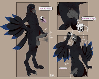 5_fingers anthro balls beak black_body black_feathers blue_eyes bodily_fluids cum cum_in_a_cup cum_in_container cum_in_mouth cum_inside cumshot dialogue disembodied_hand drinking drinking_cum drinking_own_cum ejaculation erection eyes_closed fap_(sound_effect) feathers feet fingers genital_fluids genitals knock-kneed male masturbation nude offscreen_character open_mouth orgasm penile penile_masturbation penis shaking shuddering solo_focus standing sweat talons text toes trembling vein veiny_penis redmok issac_(jacob_the_mistake-ob) avian bird corvid corvus_(genus) oscine passerine raven 5:4 comic english_text hi_res