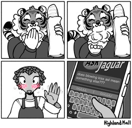 4_panel_comic anthro apron baguette big_breasts black_text blowing_kiss blush blush_lines bodily_fluids bread breasts cellphone cleavage clothed clothed_anthro clothed_female clothing comic_panel duo electronics emanata female female/female flustered flying_sweatdrops food gesture grey_apron grey_clothing grey_topwear hand_gesture holding_food holding_object logo_parody love multi_panel parody phone phone_screen question simple_background smartphone sweat sweatdrop text texting texting_ui topwear typing waving white_background white_dress_shirt white_text work_uniform highlandkall naomi_(highlandkall) felid mammal pangolin pantherine tiger 2024 american_sign_language comic digital_drawing_(artwork) digital_media_(artwork) english_text hi_res monochrome multiple_scenes partially_colored sign_language signature