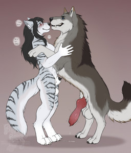 animal_genitalia animal_penis anthro anthro_on_feral balls bestiality blush bodily_fluids breasts canine_genitalia canine_penis claws digitigrade duo feral fluffy fluffy_tail genital_fluids genitals gynomorph hair inner_ear_fluff intersex knot knotted_penis male male_feral nude penis penis_tip precum red_eyes sheath side_view smile standing tail tuft white_balls white_breasts fenn.perrox luca_(nouyorus) canid canine mammal hi_res