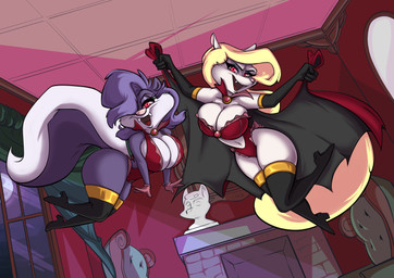 anthro armwear big_breasts blonde_hair breasts cape cleavage clothed clothing duo eyelashes fangs female hair hair_over_eye inside legwear looking_at_viewer navel one_eye_obstructed open_mouth pink_nose purple_hair red_eyes teeth joelasko animaniacs tiny_toon_adventures warner_brothers fifi_la_fume minerva_mink mammal mephitid mink mustelid musteline skunk true_musteline vampire 2017 crossover