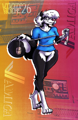 anthro blue_clothing blue_shirt blue_topwear border bottomless bottomless_anthro bottomless_female breasts clothed clothing computer computer_mouse electronics eyewear feet female fingers fur glasses gloves_(marking) hair leg_markings looking_at_viewer markings multicolored_body multicolored_fur shirt smile socks_(marking) solo standing tail text thick_thighs toes topwear two_tone_body two_tone_fur white_body white_hair vividwolfe sabrina_online sabrina_(sabrina_online) mammal mephitid skunk digital_media_(artwork) hi_res