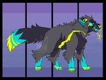2018 ambiguous_gender angry big_fangs black_sclera blue_body blue_eyes blue_fur blue_inner_ear_fluff blue_teeth canid canine canis digital_drawing_(artwork) digital_media_(artwork) digitigrade ears_back electricity fangs feral flat_colors full-length_portrait fur grey_body grey_fur hi_res inner_ear_fluff jaspering mammal markings narrowed_eyes open_mouth paws pivoted_ears portrait pupils purple_background ringed_eyes scar simple_background snarling solo standing tail teeth tongue tuft watermark wolf yellow_markings yellow_nose yellow_pupils yellow_scar yellow_tongue