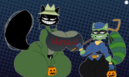 anthro bedroom_eyes big_breasts bottom_heavy bottomwear breasts bucket bulge cheek_tuft clothing container cosplay costume crop_top cross crossover_cosplay curvy_figure duo ear_piercing eyelashes facial_tuft fedora femboy fur gloves green_body green_fur grin grinning_at_viewer gynomorph halftone_background halloween_bucket halloween_costume handwear hat headgear headwear heart_nose heart_symbol holding_bucket holding_container holding_object holidays huge_breasts huge_hips huge_thighs intersex inverted_cross jack-o'-lantern logo looking_at_viewer male markings mask narrowed_eyes navel pants pattern_background piercing raised_tail seductive shirt simple_background sly_cooper's_cane smile smiling_at_viewer striped_markings striped_tail stripes tail tail_markings text thick_thighs thong topwear tuft underwear wearing_mask wide_hips thatdawgmurray halloween happy_tree_friends sly_cooper_(series) sony_corporation sony_interactive_entertainment sucker_punch_productions karelia_(ace_rattman) lifty_(htf) shifty_(htf) sly_cooper mammal procyonid raccoon aliasing artist_logo artist_name crossover digital_media_(artwork) halftone hi_res signature