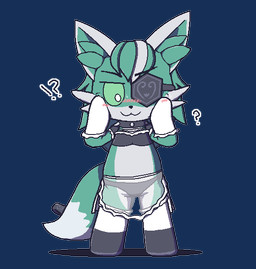 :3 anthro black_nose blush blush_lines clothing collar countershading eye_patch eyewear female gloves hand_on_face handwear implied_transformation maid_uniform plushie solo uniform oagoner in_heat_(game) ari_(in_heat) animate_inanimate canid canine canis living_plushie mammal wolf aliasing alpha_channel digital_media_(artwork)