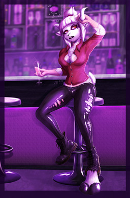 anthro bar bar_stool biped body_part_growth breasts clothing facial_piercing female fur fur_growth furniture growth hooves horn horn_growth human_to_anthro lip_piercing mid_transformation piercing snakebite_piercing solo species_transformation stool torn_clothing transformation white_body white_fur jazzaaro helltaker goat_lucifer_(helltaker) bovid caprine goat human mammal hi_res