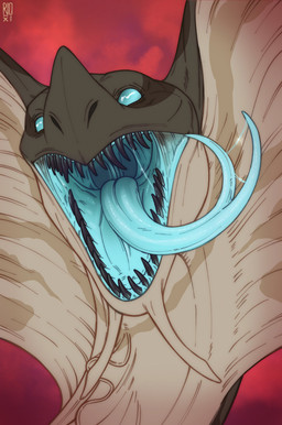 ambiguous_gender beady_eyes black_teeth blue_eyes blue_tongue brown_body facial_horn feral forked_tongue front_view glistening glistening_eyes horn logo mouth_shot nose_horn open_mouth sharp_teeth simple_background solo tan_body teeth tongue tongue_out riorix species_request 2021 artist_logo dated hi_res