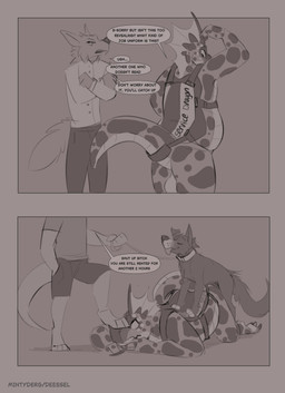accidental_bestiality anthro anthro_on_feral anthro_penetrated balls bestiality clothing comic_panel dialogue feet feral feral_penetrating feral_penetrating_anthro forced forced_bestiality genitals group male male/male pawpads paws penetration profanity service_dog_harness sex speech_bubble tail text trio mintyderg mythology minty_(mintyderg) canid canine dragon mammal mythological_creature mythological_scalie scalie absurd_res comic english_text hi_res