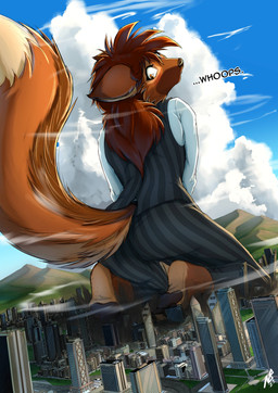 anthro barefoot biped black_pawpads building butt city claws clothed clothed_anthro clothed_female clothing cloud destruction dialogue ellipsis feet female female_anthro fur giga kneeling landscape_dwarfing looking_back looking_down macro macro_anthro macro_female pawpads paws plantigrade sky skyscraper soles solo suit tail text toes uniform wind work_uniform notbad621 leah_(zakuratech) canid canine mammal maned_wolf 2022 absurd_res colored digital_media_(artwork) english_text hi_res