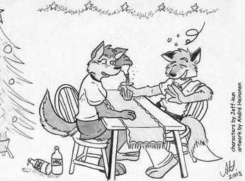 anthro drunk duo eggnog female holidays male substance_intoxication tail andre_heinonen christmas closet_coon becky_mooney colin_young canid canine canis fox mammal wolf 2003 greyscale line_art monochrome