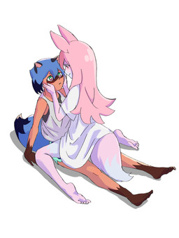 anthro barefoot black_nose blue_body blue_eyes blue_fur blue_hair bottomwear brown_body brown_fur clothed clothing dolphin_shorts duo eye_contact facial_markings feet female fluffy fur gloves_(marking) hair head_markings leg_markings long_hair looking_at_another markings mask_(marking) multicolored_body multicolored_fur pink_body pink_fur pink_hair shadow shirt short_hair shorts simple_background smile socks_(marking) tank_top topwear white_background white_body white_fur rrkk brand_new_animal studio_trigger michiru_kagemori nazuna_hiwatashi canid canine fox mammal raccoon_dog tanuki 3:4 hi_res