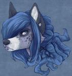 ambiguous_gender anthro blue_hair ear_piercing facial_piercing fur grey_eyes hair inner_ear_fluff jewelry lip_piercing long_hair looking_at_viewer piercing sad simple_background snout solo spots tuft spiffybunny inky canid canine fox mammal 2014 headshot_portrait portrait