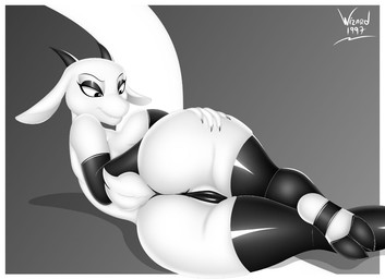 anthro armwear big_breasts breasts butt camel_toe clothing female genitals hooves legwear leotard pose smile solo stockings tail vulva wizard1997 bovid caprine goat mammal monochrome