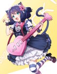 black_hair blue_eyes bow_ribbon bracelet clothing colored_nails female footwear guitar hair happy jewelry legwear maid_headdress musical_instrument nails open_mouth plucked_string_instrument shoes short_hair simple_background solo stockings string_instrument n_(pixiv) sanrio show_by_rock!! cyan_hijirikawa animal_humanoid cat_humanoid felid felid_humanoid feline feline_humanoid humanoid mammal mammal_humanoid absurd_res hi_res