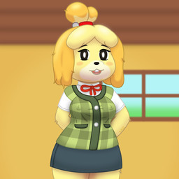 anthro blush bottomwear chibi clothing female looking_at_viewer open_mouth pencil_skirt skirt smile solo standing kumachi animal_crossing nintendo isabelle_(animal_crossing) canid canine canis domestic_dog mammal 1:1 absurd_res hi_res