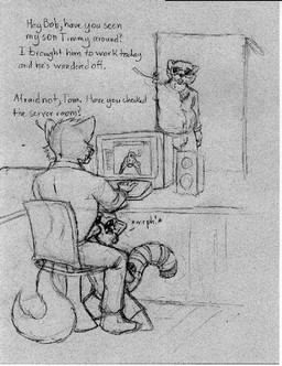 age_difference anthro anthro_on_anthro anthro_penetrated anthro_penetrating anthro_penetrating_anthro chair dialogue duo furniture interspecies kneeling larger_male looking_at_porn male male/male male_penetrated male_penetrating male_penetrating_male office older_male on_ground oral penetration pornography sex sitting size_difference smaller_male smaller_penetrated stealth_sex text under_table young young_anthro younger_male younger_penetrated nightwolf canid canine canis mammal procyonid raccoon wolf english_text monochrome