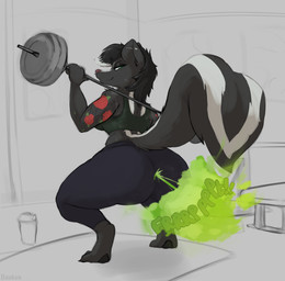 anthro arm_tattoo barbell barbell_squats black_hair bodily_fluids clothing crouching exercise fart fart_cloud fart_fetish female green_eyes green_fart_cloud hair highlights_(coloring) leggings legwear looking_at_viewer looking_back looking_back_at_viewer markings musk raised_tail shirt solo striped_markings striped_tail stripes sweat tail tail_markings tank_top tattoo topwear weightlifting white_highlights workout daukus mammal mephitid skunk absurd_res hi_res