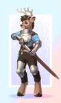 anthro armor belt brown_body brown_eyes brown_hair clothing gloves gradient_background hair handwear holding_melee_weapon holding_object holding_sword holding_weapon horn long_sword male medieval_armor melee_weapon short_hair simple_background smile solo sword weapon dipfanken tamagotchi deer mammal absurd_res hi_res