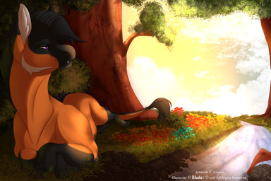 creek detailed_background female feral fur lying on_front orange_body orange_fur plant river solo sunset tail text tree water albana-the-dragoness mythology kira_(3lude) dragon felid hybrid lion mammal mythological_creature mythological_scalie pantherine scalie 2018 english_text