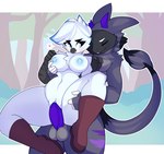 anthro big_breasts blue_eyes blue_penis blush boots breasts chest_tuft clothing dipstick_tail duo eyes_closed female footwear freckles fur genitals grey_body grey_fur happy happy_sex heart_symbol holding_breast holding_partner horn looking_at_another looking_at_partner male male/female markings navel neck_tuft nipples non-mammal_breasts penetration penile penile_penetration penis penis_in_pussy pussy sex shoes small_waist smile spread_legs spreading stand_and_carry_position standing standing_sex tail tail_markings talon_hands thick_thighs tuft vaginal vaginal_penetration miikotorii tyra_(arathemacaw) avian bird mammal unknown_species 2023 hi_res