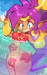 ambiguous_gender blue_eyes brown_body brown_skin cephalopod cloud coleoid day decapodiform disabledfetus ear_piercing ear_ring female genie genitals group hair heart_squid_(shantae) hi_res humanoid humanoid_pointy_ears long_hair marine mollusk open_mouth open_smile partially_submerged piercing ponytail purple_hair pussy ring_piercing scared shantae shantae_(series) signature smile squid teeth water wayforward wet