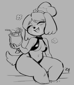 alcohol anthro beverage buckteeth clothing cocktail eyes_closed female happy holding_cocktail one-piece_swimsuit sling_bikini smile solo swimwear teeth thick_thighs vacation_juice iseenudepeople animal_crossing nintendo isabelle_(animal_crossing) canid canine canis domestic_dog mammal 2025 digital_media_(artwork) hi_res monochrome