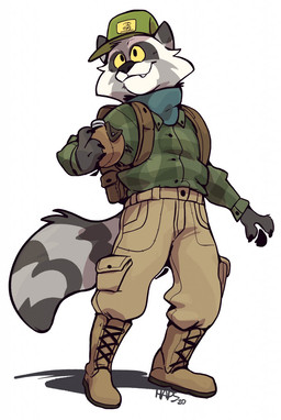 anthro backpack boots clothed clothing collared_shirt dress_shirt footwear fully_clothed hat headgear headwear kerchief male pose shirt shoes solo topwear yellow_eyes haps mammal procyonid raccoon hi_res