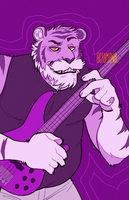 anthro bass_guitar beard clothed clothing facial_hair front_view fur guitar holding_guitar holding_musical_instrument holding_object looking_at_viewer male musical_instrument overweight overweight_anthro overweight_male pawpads plucked_string_instrument purple_background purple_body purple_fur purple_pawpads simple_background solo string_instrument text white_body white_fur yellow_eyes 0ct0m0n0 felid mammal pantherine tiger artist_name half-length_portrait hi_res portrait purple_theme restricted_palette