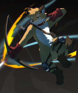 aiming_bow anthro bow_(weapon) collar fur male mostly_nude_anthro mostly_nude_male one_eye_closed orange_body orange_fur ranged_weapon red_collar slim_anthro slim_male solo weapon white_body white_fur yellow_eyes asenjian nekowuwu_(character) canid canine fox mammal 2025 hi_res