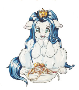 ambiguous_feral ambiguous_gender blue_hair blue_tail bowl container duo female female_feral feral fluffy food fur glistening glistening_hair glistening_tail hair happy hooves long_hair meatball pasta sitting size_difference smile spaghetti sparkles sparkling_eyes tail tongue white_body white_fur young young_ambiguous young_feral aiasatsana fluffy_pony fluffy_pony_(species) mammal 2025 hi_res signature traditional_media_(artwork)