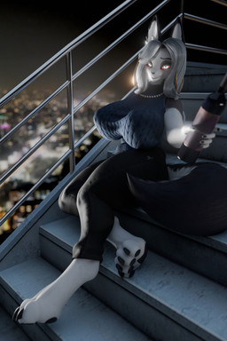 aged_up anthro barefoot big_breasts black_bottomwear black_clothing black_jeans black_legwear black_pants black_sky blurred_background bottle bottomwear breasts cable-knit_sweater city cityscape clothing container denim denim_bottomwear denim_clothing digitigrade ear_piercing ear_ring feet female fingers fur gem glowing glowing_eyes grey_body grey_fur grey_hair hair holding_bottle holding_container holding_object holding_wine_bottle hoop_ear_ring huge_breasts jeans jewelry legwear long_hair looking_at_viewer mature_anthro mature_female multicolored_body multicolored_fur necklace night outside pants pawpads pearl_(gem) pearl_necklace piercing pupils red_sclera ring_piercing rooftop sky sleeveless_sweater sleeveless_topwear slit_pupils smile smiling_at_viewer solo two_tone_body two_tone_fur white_body white_eyes white_fur wine_bottle fever-dreamer dogzeela_(modeler) hellaverse helluva_boss mythology loona_(helluva_boss) canid canid_demon canine canis demon hellhound humanoid mammal mythological_canine mythological_creature wolf 2025 2:3 3d_(artwork) absurd_res blender_(artwork) blender_cycles_(artwork) digital_media_(artwork) hi_res