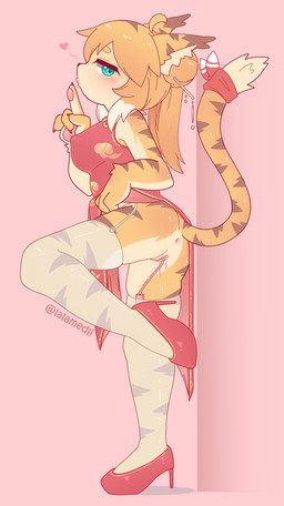 anal anthro anus asian_clothing ass_up blonde_hair bodily_fluids breasts butt chinese_clothing chinese_dress clothing dress east_asian_clothing female footwear genital_fluids genitals green_eyes hair high_heels nipples red_clothing sex_toy shoes shy socks solo vaginal vaginal_fluids vulva white_clothing white_footwear white_socks yellow_body lalamedli cygames world_flipper mia_(world_flipper) felid mammal pantherine tiger absurd_res hi_res