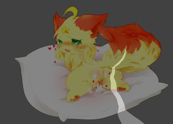 blush bodily_fluids butt chibi cum cum_in_vagina cum_inside cum_on_butt female fur genital_fluids genitals green_eyes grey_background heart_symbol kemono on_pillow open_mouth pillow red_body red_ears red_fur red_tail semi-anthro simple_background solo tail two_tone_tail vulva yellow_body yellow_fur deaic canid canine fox mammal 2017 hi_res