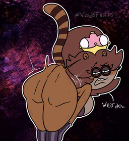 anthro bent_over breasts butt clothing crossgender crown dialogue eyelashes female fur gloves hair handwear headgear legwear looking_at_viewer looking_back mtf_crossgender narrowed_eyes solo stockings super_crown tail talking_to_viewer text voidsdroids cartoon_network mario_bros nintendo regular_show rigbette_(benson_dancing) rigby_(regular_show) mammal procyonid raccoon digital_media_(artwork) english_text hi_res