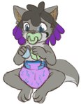 ambiguous_gender anthro blue_eyes clothed clothing diaper front_view fur glistening glistening_eyes grey_body grey_fur grey_hair hair multicolored_hair pacifier pattern_diaper purple_diaper purple_hair sitting solo two_tone_hair wearing_diaper young young_ambiguous young_anthro riddlr canid mammal full-length_portrait portrait