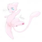 1:1 anthro blue_eyes dengon featureless_chest female generation_1_pokemon genitals happy hi_res legendary_pokemon mew_(pokemon) nintendo pokemon pokemon_(species) pussy simple_background solo text thick_thighs