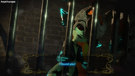 armor big_ears black_body blue_markings breasts clothing dialogue eyelashes female fused_shadow hair headgear headwear helmet humanoid_pointy_ears iron_bars long_hair looking_at_viewer markings navel nude one_eye_obstructed orange_hair pointy_ears ponytail red_eyes smile solo text white_body yellow_sclera purpletourmaple nintendo the_legend_of_zelda twilight_princess midna humanoid imp twili 16:9 3d_(artwork) digital_media_(artwork) english_text hi_res widescreen